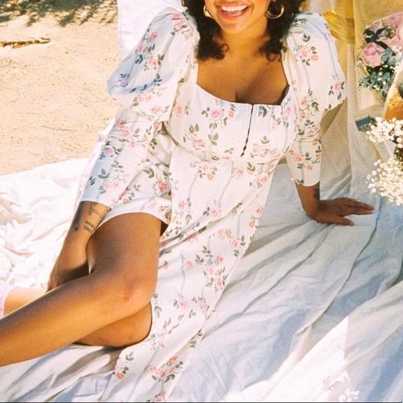 For Love & Lemons x Free People XS 0/2 Ivory Pink Floral Stripe Puff Sleeve Midi - Picture 8 of 15